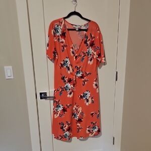 Pink and Green Wrap Midi Sundress V-Neck